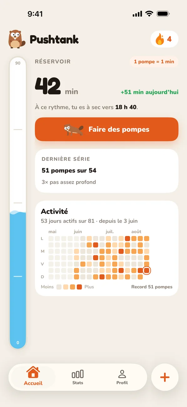 L’écran d’accueil de Pushtank, avec le réservoir et la dernière série